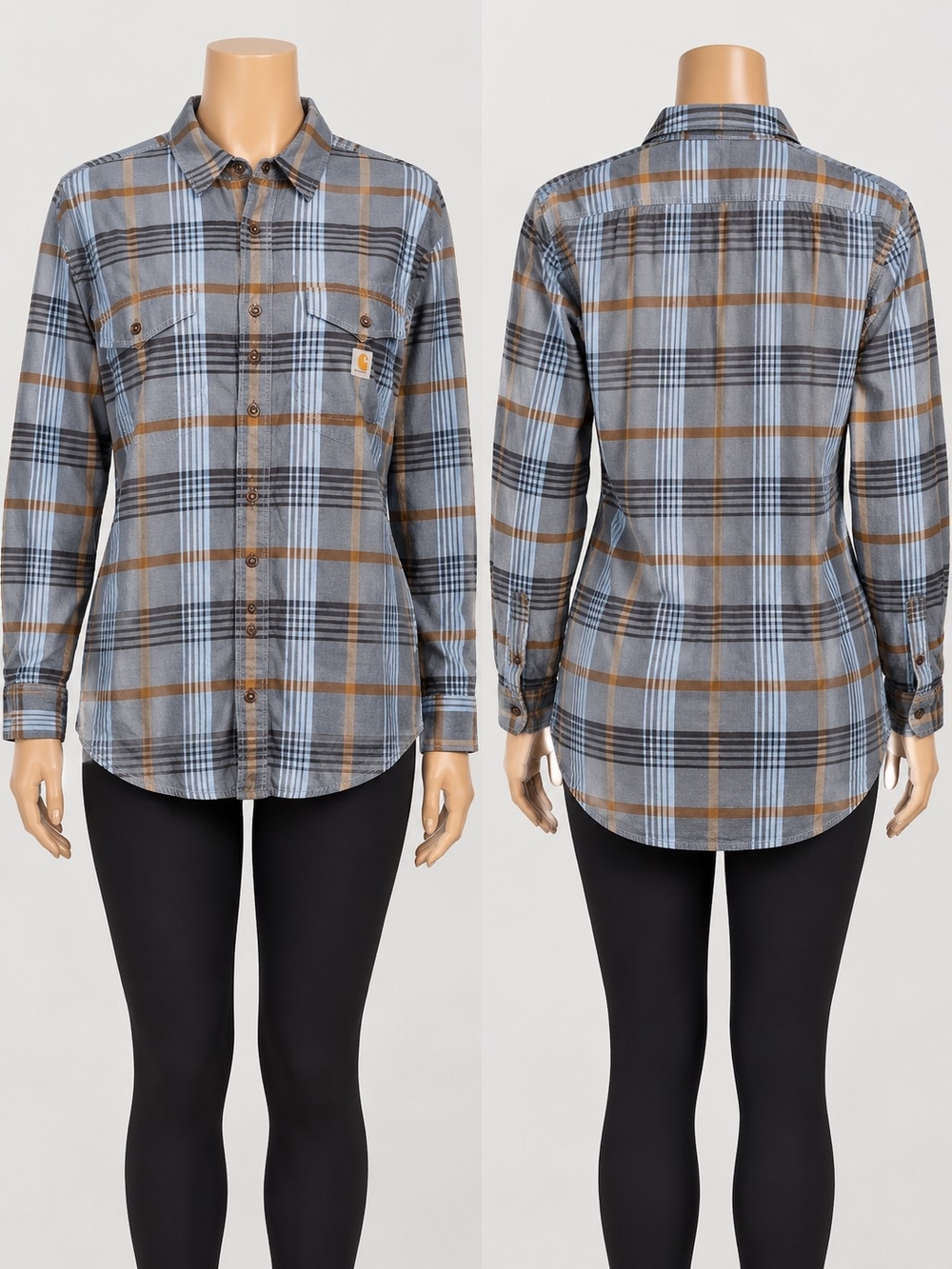 Carhartt Women's Light Blue and Brown Plaid Button-Down Shirt